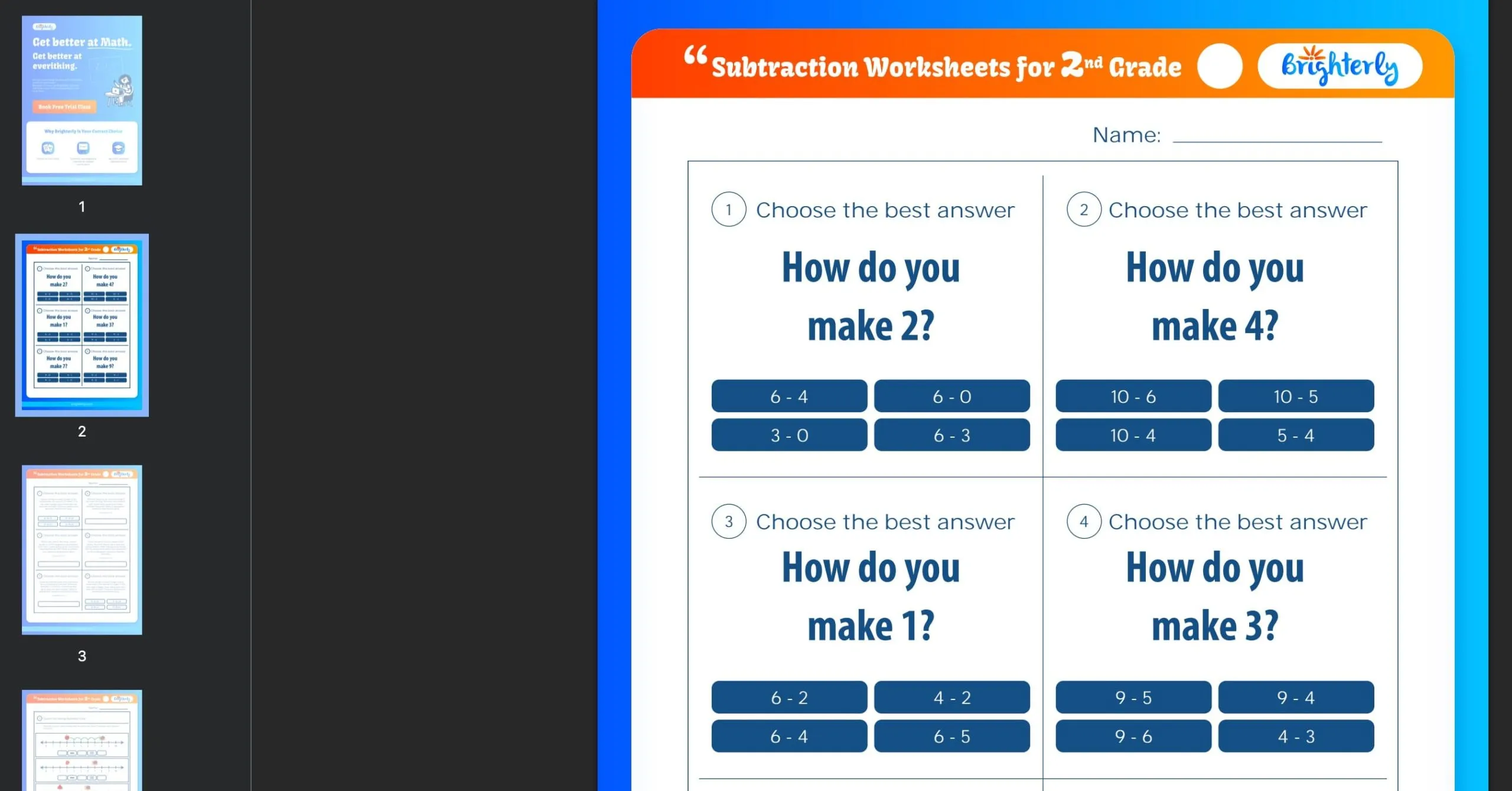 Subtraction worksheets for grade 2: Examples