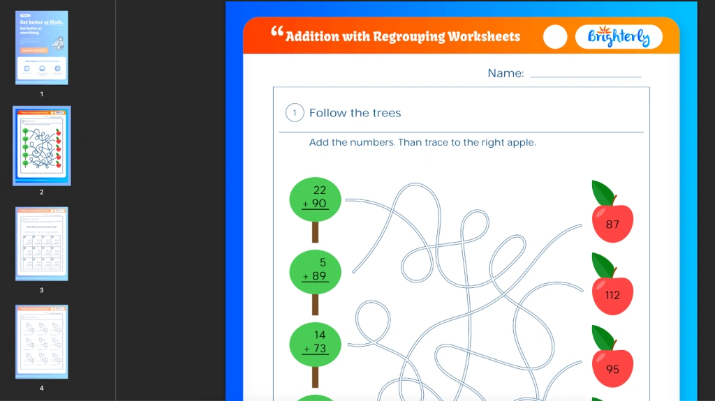 Adding with regrouping worksheet: Examples