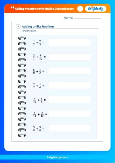 Add Fractions With Unlike Denominators Worksheet
