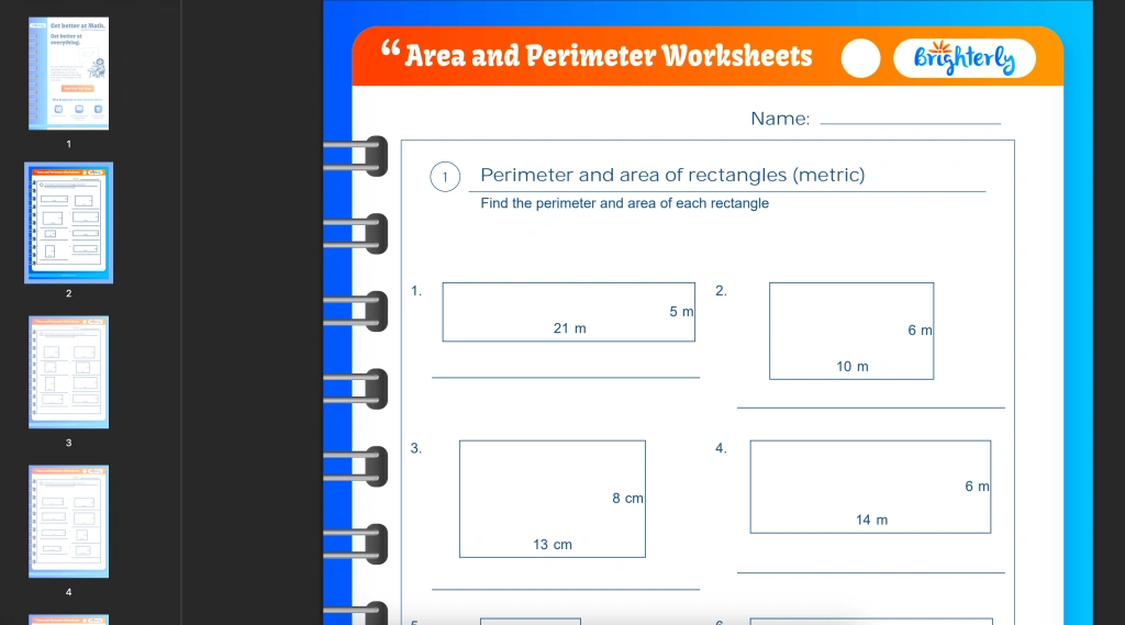 Free area and perimeter worksheets: Examples