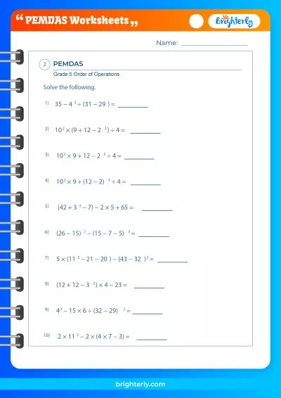 5Th Grade PEMDAS Worksheets