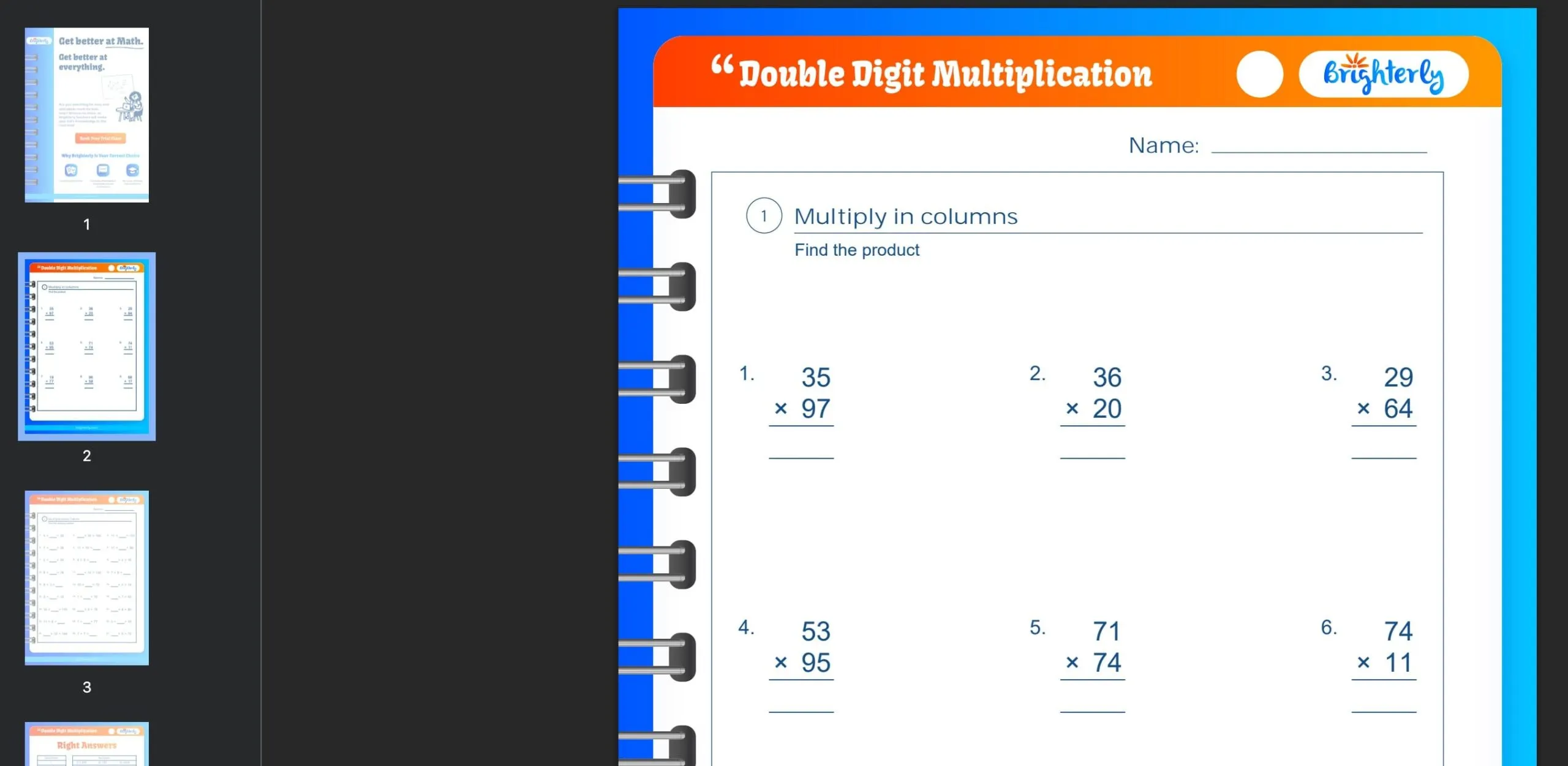 Double digit multiplication worksheet: Examples