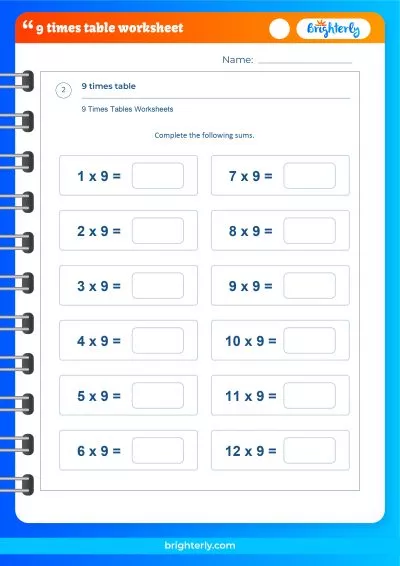 9X Tables Worksheets