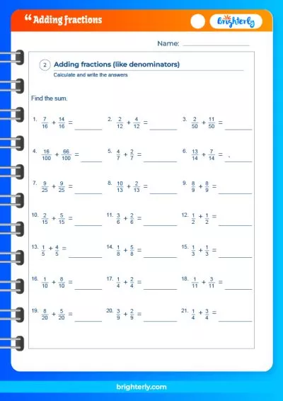 Adding Fractions With Same Denominator Worksheet