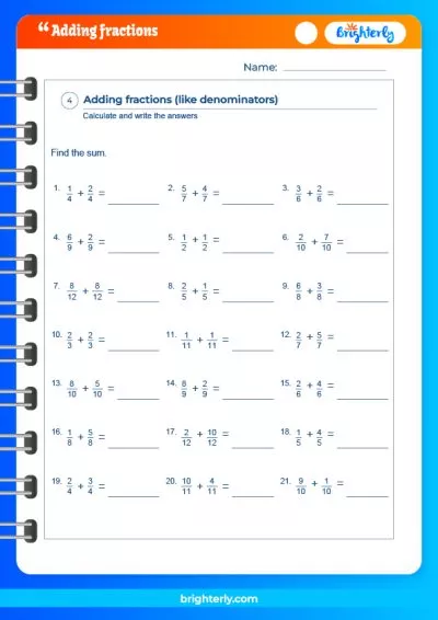 Add Fractions With Like Denominators Worksheet