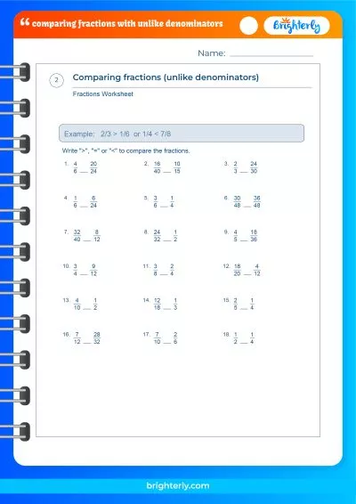 Comparing Fractions With Different Denominators Worksheet PDF