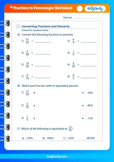 Converting Fractions To Percents Worksheet