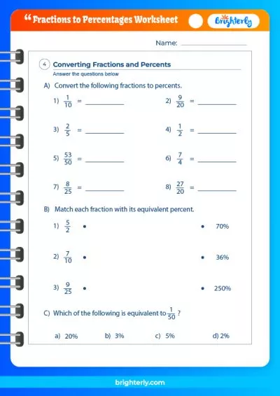Changing Fractions To Percentages Worksheets