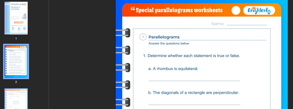 Special parallelograms worksheet PDF: Examples