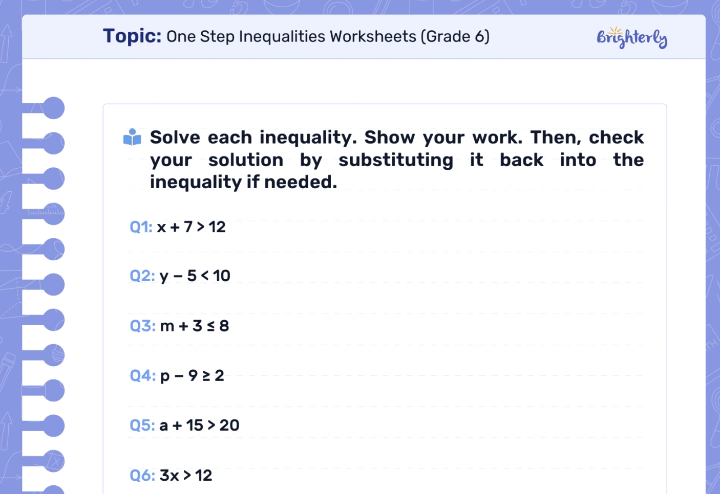 1 step inequalities worksheet: Examples