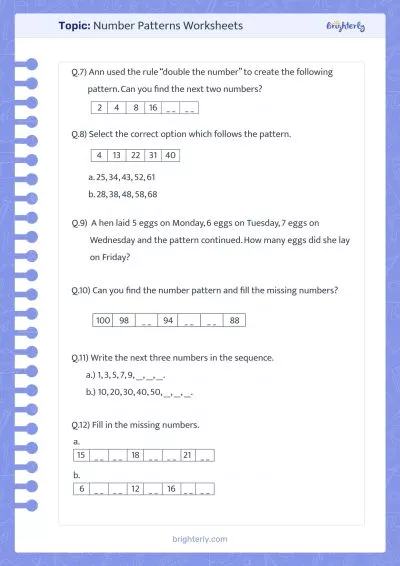Number Patterns Worksheet PDF