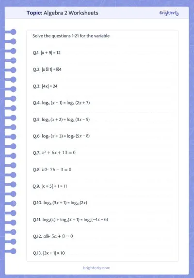 algebra 2 worksheets PDF
