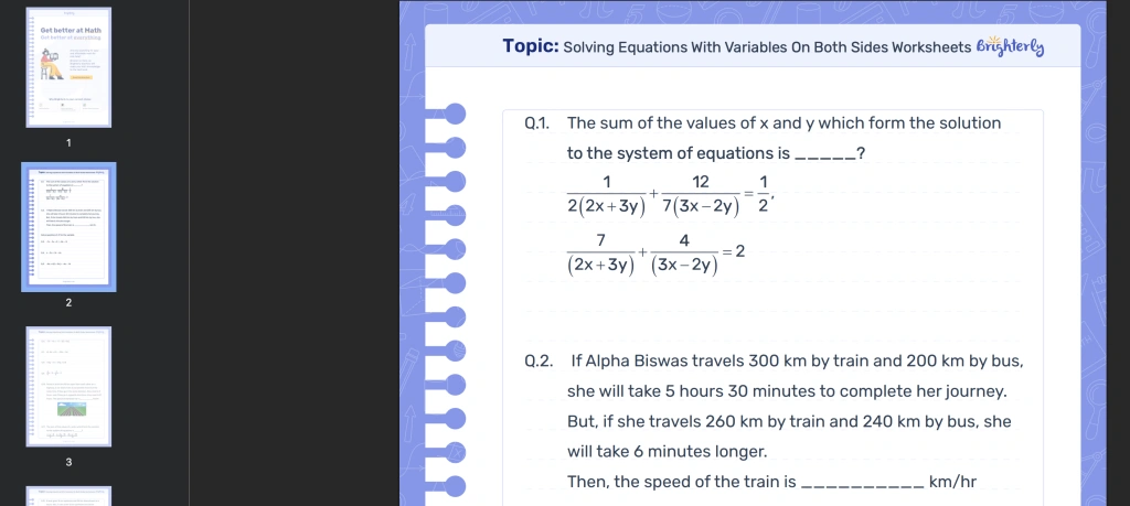 Solve equations with variables on both sides worksheet: Examples