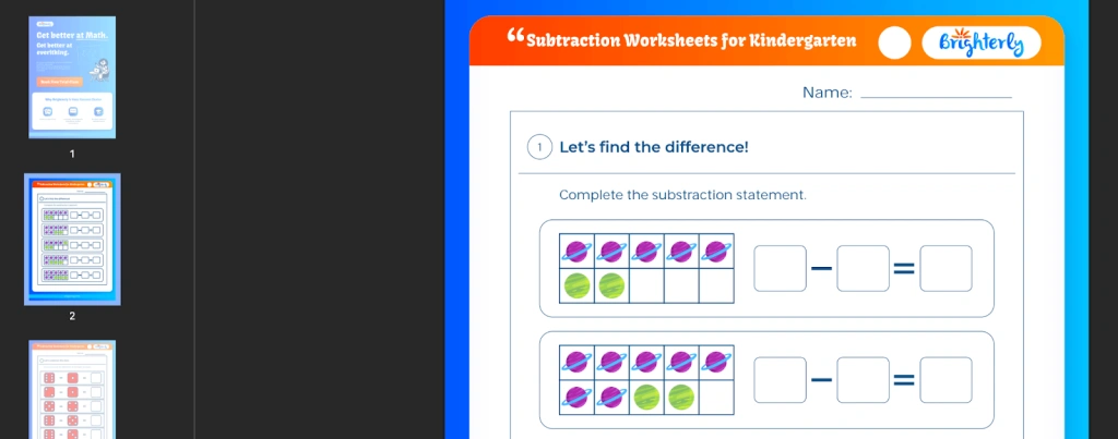 Subtraction within 10 worksheets with pictures: Examples