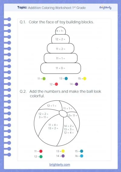 Addition Coloring Worksheet 1st Grade 1