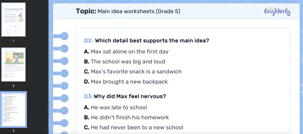 main idea worksheet 5 grade