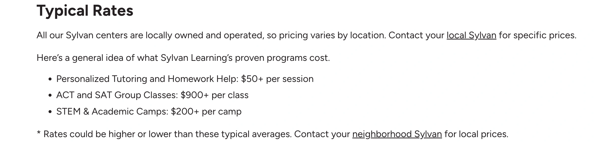 Sylvan Learning Center prices