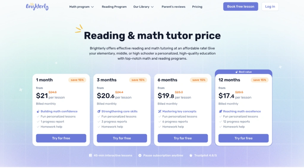 How much is Brighterly math and reading