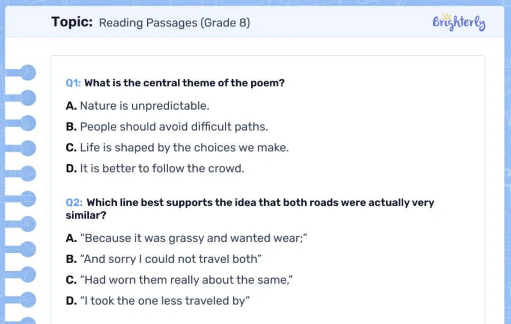8th grade reading fluency passages: Examples
