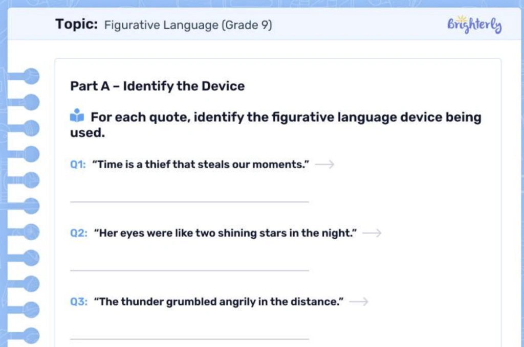 Figurative language 9th grade worksheet: Examples