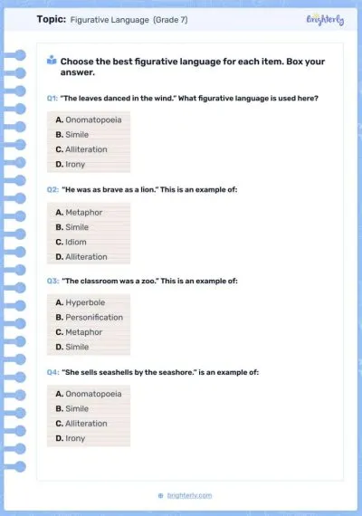 Figurative Language Worksheets 7 grade 2