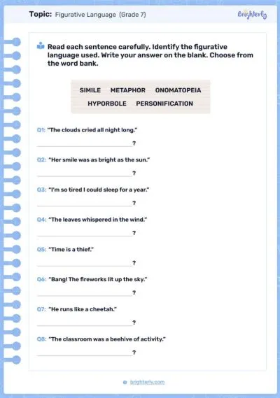 Figurative language 7 grade worksheets PDF