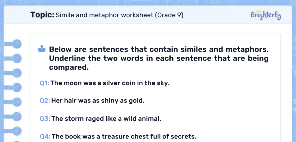 Similes and metaphors worksheets: Examples