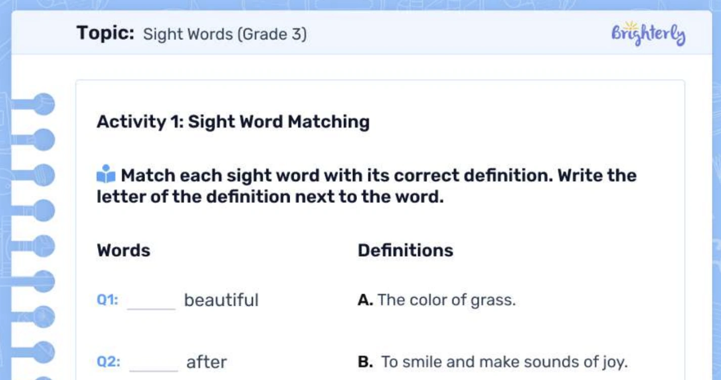 3rd grade sight words worksheets PDF: Examples