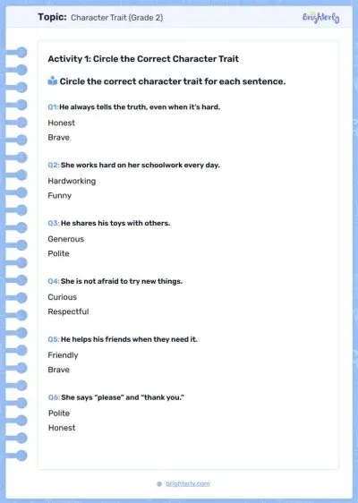 Character Traits Worksheets