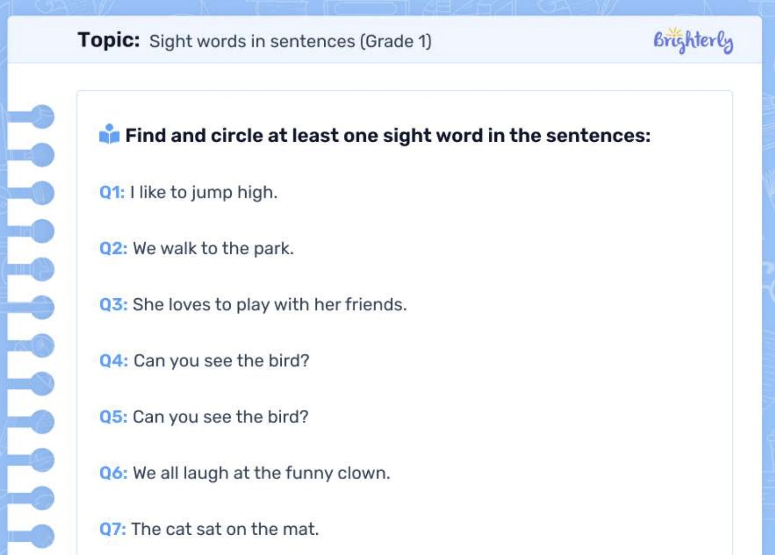 Sight words sentences worksheets: Examples