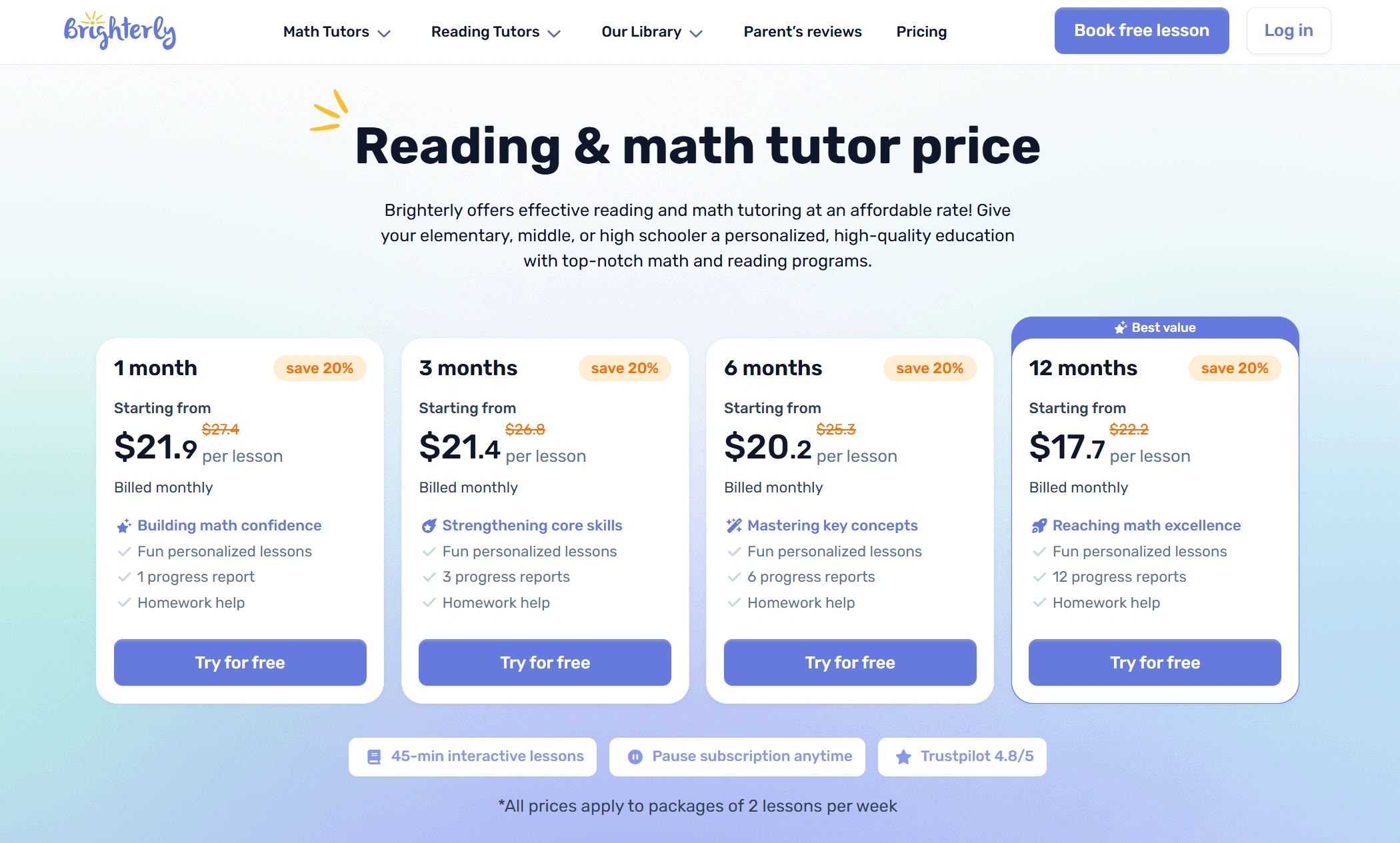 Brighterly vs Huntington Learning Center Pricing