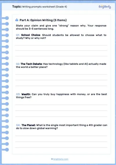 Writing prompts worksheets grade 4