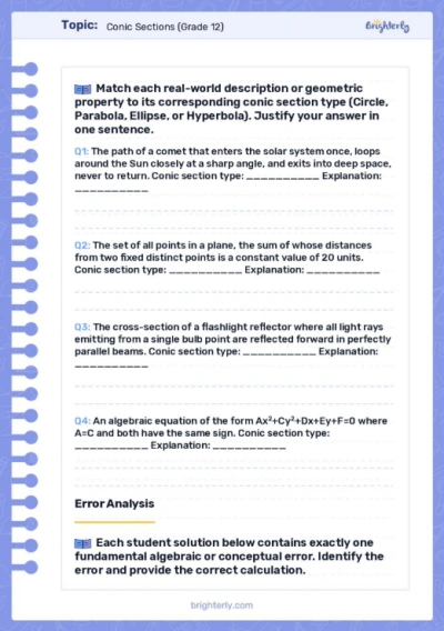 Conic Sections Worksheets