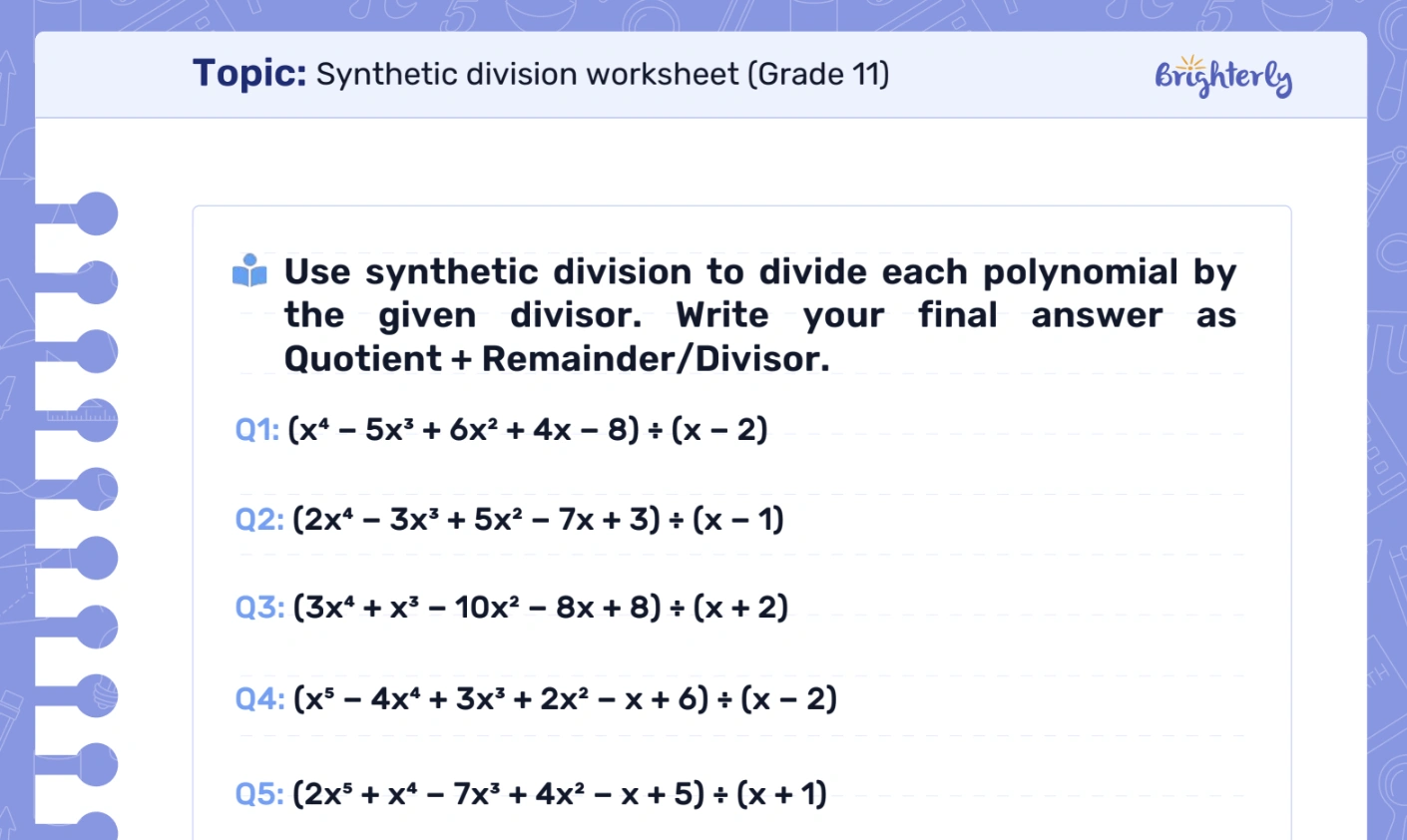 Download Synthetic Division Worksheet PDFs
