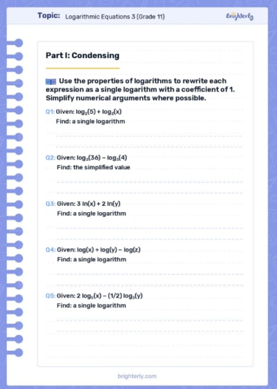Logarithmic Equations Worksheets