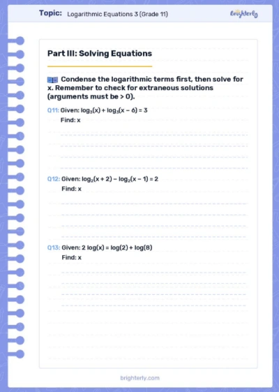 Logarithmic Equations Worksheets