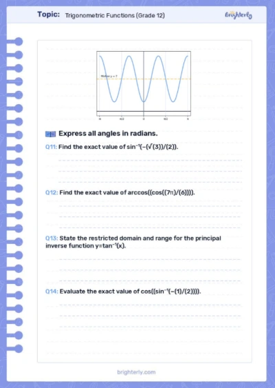 Trigonometric Functions Worksheets (Grade 12)