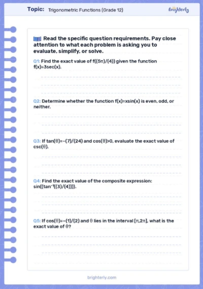 Trigonometric Functions Worksheets (Grade 12)