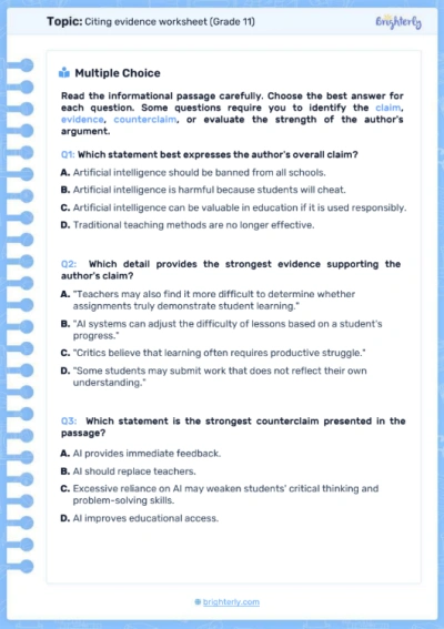 Citing Evidence Worksheets 11th Grade 2