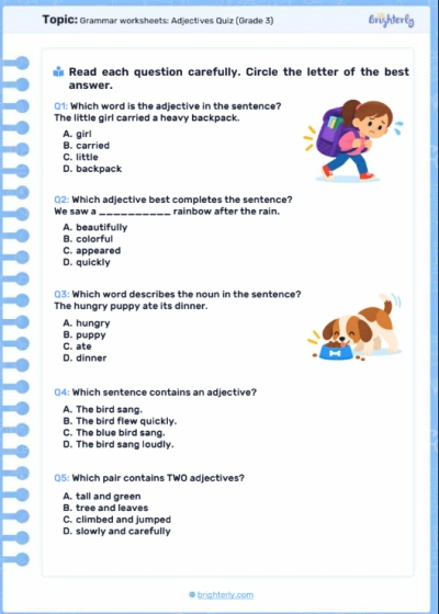 Grammar worksheets adjectives quiz